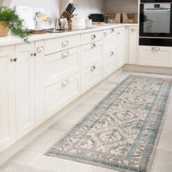 Vintage Greige Teal Washable Runner - Saxe -Carpet Discount Store Everyday saxe room web RRL 4