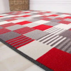 Red Grey Geometric Washable Rug -Carpet Discount Store Hagan Red Close Up Patchwork Grey Red Machine Washable Non Slip Kitchen Bathroom Hallway Runner Colourful Durable Mat Rug