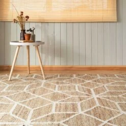 Beige Geometric Natural Jute Area Rug - Fretwork -Carpet Discount Store jute viscose 01 1287