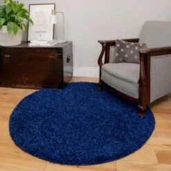 Navy Blue Shaggy Circle Rug