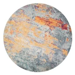 Round Circle Gold Blue Distressed Living Room Rug