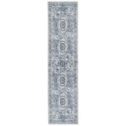 Flatwoven Washable Distressed Blue Damask Runner - Bala