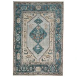 Flatwoven Washable Distressed Teal Bordered Rug - Cyrus