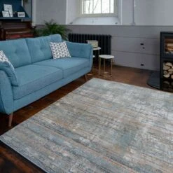 Soft Modern Blue Distressed Scratched Effect Rugs - Scatter -Carpet Discount Store riveria scatter blue 6